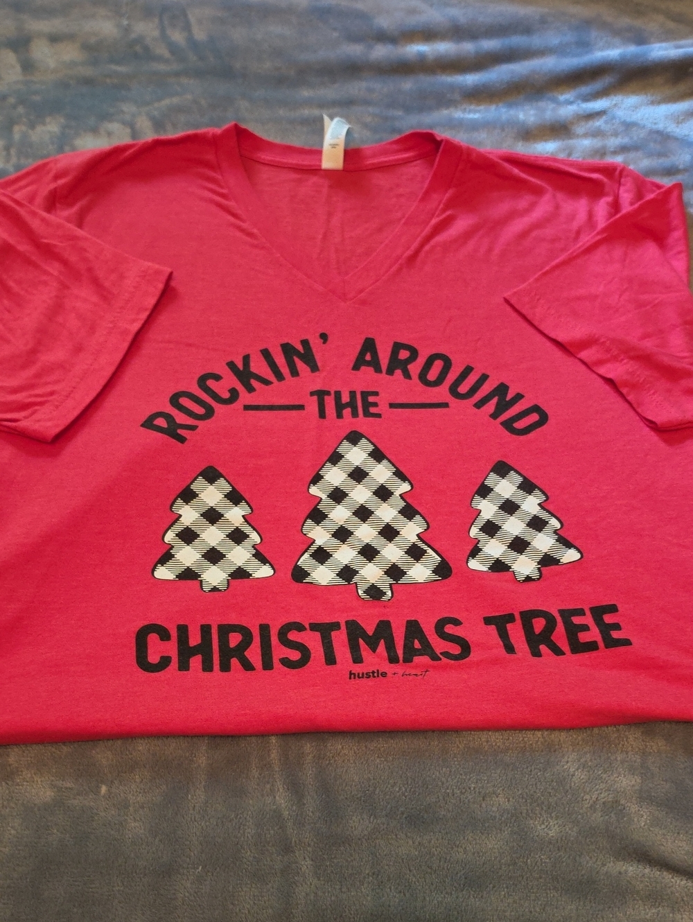 Womens Red 'Rockin' Around The Christmas Tree' Graphic V‑Neck Tee